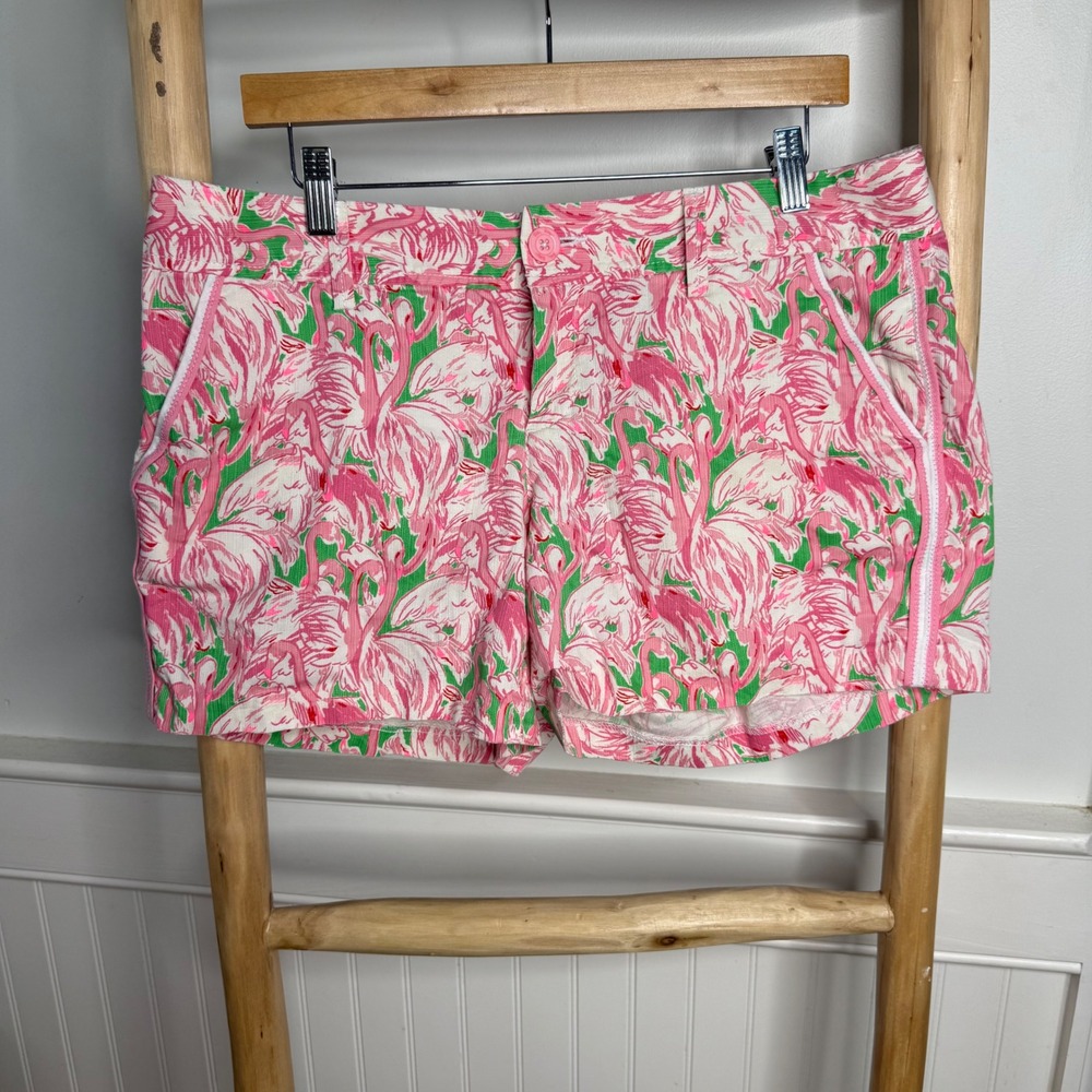 Lilly Pulitzer Callahan Shorts Womens 12 Pink Green Flamingo Print Cotton Dobby
